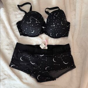 PINK Victoria's Secret Black Constellation Moonlight Bra & Hipster Set